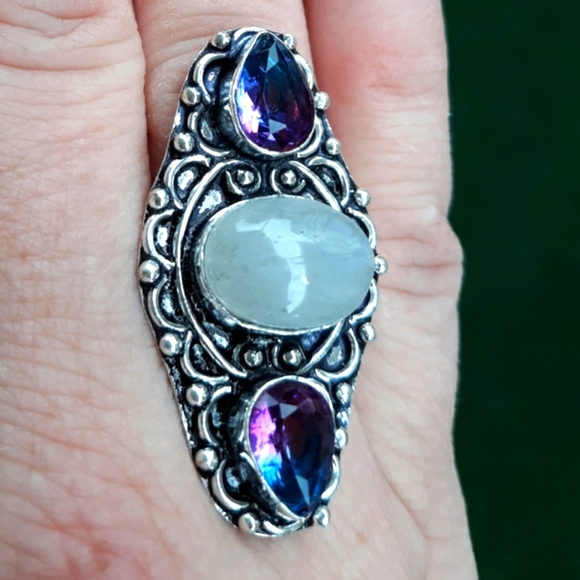 New Rainbow Moonstone & Bicolor Tourmaline 925 Silver Ring. - Picture 1 of 8